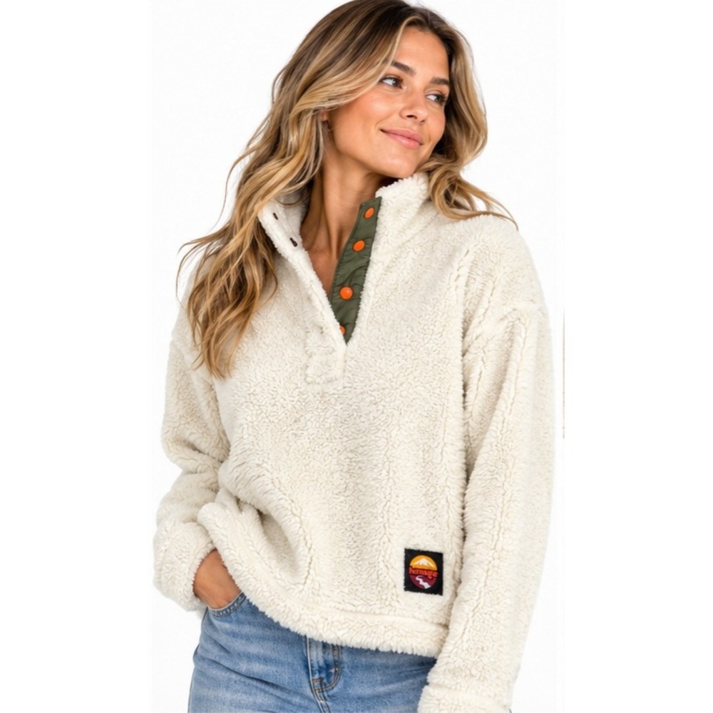 HOMAGE Cream Sherpa Fleece Snap Pullover Sweatshirt Size Small NWT